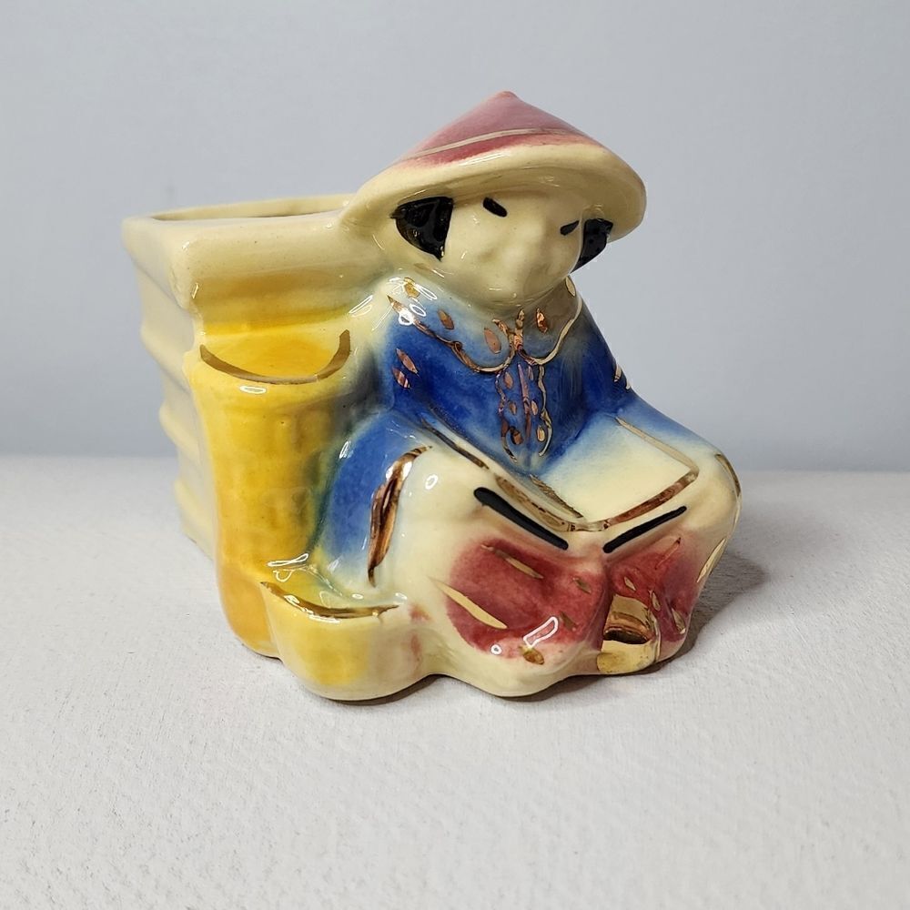 Vintage Ceramic Planter Asian Child Sitting Book 1940s 1950s USA Pottery Shawnee
